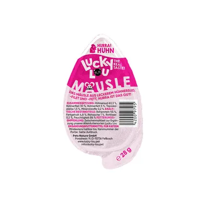 Lucky Lou Mousse con caldo de pollo, filete y grasa. Alimento complementario para gatos, 28g. Composición: caldo de pollo 63,3%, filete de pollo 30%. Componentes analíticos: proteína 9,5%, grasa 4,8%.