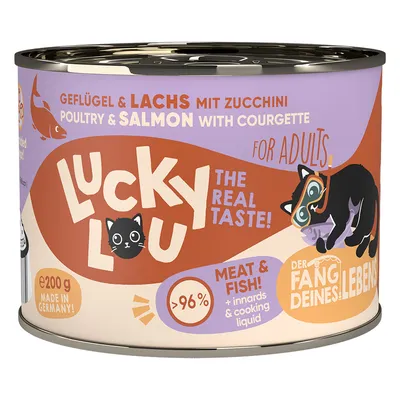 Lucky Lou fågel & lax med zucchini, för vuxna. Kött & fisk >96 %, inälvor & kokvätska. 200g, Made in Germany.