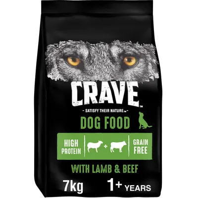 Crave dog food, high protein, grain free, with lamb and beef, suitable for dogs aged 1 year and over, 7kg bag.