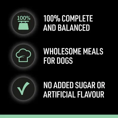 100% complete and balanced, wholesome meals for dogs, no added sugar or artificial flavour.