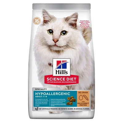 Корм для кошек Hill's Science Diet Hypoallergenic Adult 1–6, без зерна, с белком из яиц и насекомых. Видна надпись: NO GRAIN, HYPOALLERGENIC, SCIENCE DIET.