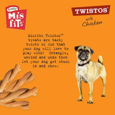 Misfits Twistos with chicken. Treats are tasty twists for dogs to play with, untangle and chew. Image shows twisted treats and a dog beside product description.