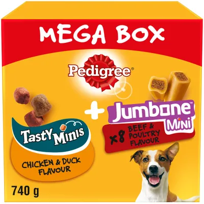 Mega box containing Tasty Minis chicken and duck flavour treats and 8 Jumbone Mini beef and poultry flavour treats, 740g total.