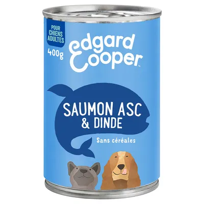 Edgard Cooper nourriture humide pour chiens adultes, saveur saumon ASC et dinde, 400g, sans céréales.
