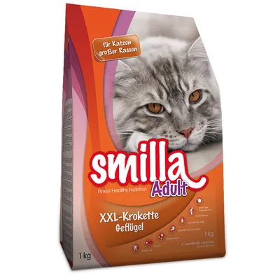 Упаковка корма для кошек Smilla Adult XXL-Krokette Geflügel, 1 кг, для крупных пород. Видна фотография кошки и надписи на немецком языке.