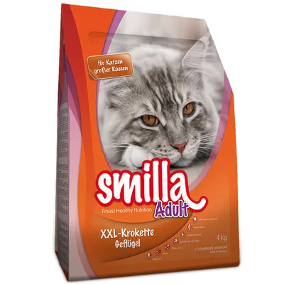 Smilla Adult XXL-Krokette Geflügel, 4 kg. Teksti saksaksi: für Katzen großer Rassen. Kuvassa harmaa kissa pakkauksessa.