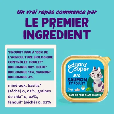 Edgard Cooper Bio pâté pour chats adultes au saumon et poulet, 85g. Ingrédients : 100% agriculture biologique contrôlée, poulet 38%, bœuf 14%, saumon 4%, basilic, graines de chia, fenouil.