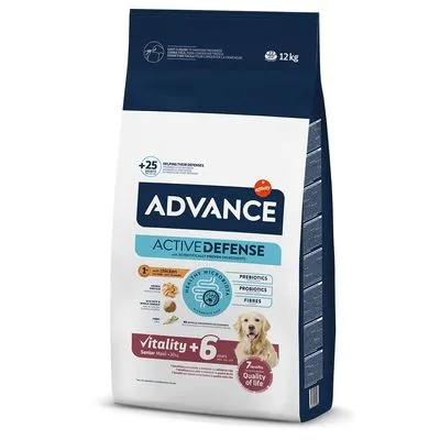 Zak Advance Active Defense hondenvoer, 12 kg. Tekst: Vitality +6 years, Senior Maxi >30kg, prebiotics, probiotics, fibres, 7 signs of quality of life.