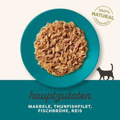 Hauptzutaten: Makrele, Thunfishfilet, Fischbrühe, Reis. 100% natürliche Zutaten. Illustration einer Katze unten rechts.