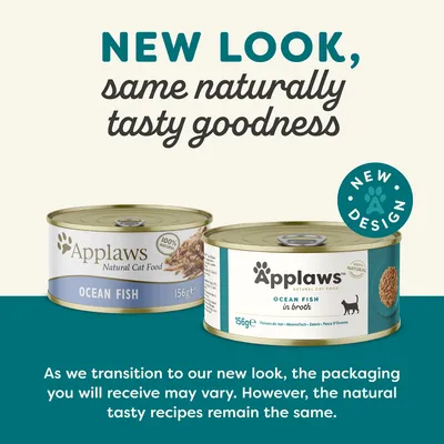 Applaws Ocean Fish cat food cans shown with message: New look, same naturally tasty goodness. Packaging design may vary but recipes remain unchanged.