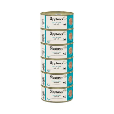 Applaws Tuna Fillet in Broth, latas de 70g, certificado B Corporation, ingredientes naturais, imagem de comida húmida para gatos em caldo.