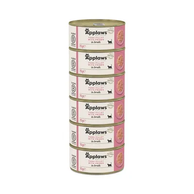 Stack of 6 Applaws Tuna Fillet with Prawn in Broth tins, 70g each. Labels show Certified B, 100% natural, cat icon, and product name.
