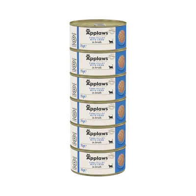 Applaws comida para gatos, filete de atum com caranguejo em caldo, latas de 70g, certificado B Corporation, ingredientes naturais.