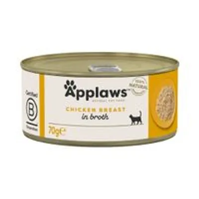 Blik Applaws kattenvoer, Chicken Breast in Broth, 70g. Tekst: '100% natural', Certified B Corporation. Afbeelding van kippenvlees en een kat zichtbaar op het etiket.