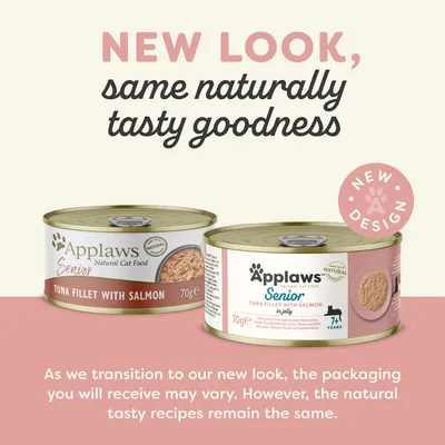 Applaws Senior Natural Cat Food, Tuna Fillet with Salmon 70g, oude en nieuwe verpakking. Tekst: New look, same naturally tasty goodness. New design. Voor katten vanaf 7+ jaar.