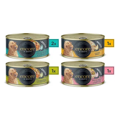 Encore in Broth vådfodersæt: 2x kyllingebryst med tun og grøntsager, 1x kyllingebryst, 1x kyllingebryst med grøntsager, 1x kyllingebryst med laks og grøntsager. 100% naturlige ingredienser.