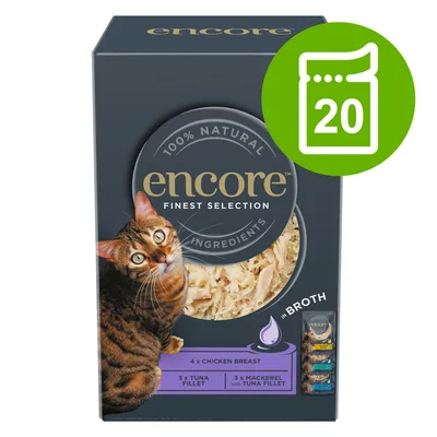 Encore Finest Selection cat food, 100% natural ingredients, varieties: 4x chicken breast, 3x tuna fillet, 3x mackerel with tuna fillet. Pack contains 20 pouches.