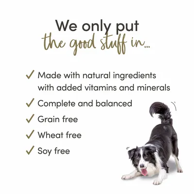We only put the good stuff in: Hergestellt aus natürlichen Zutaten mit Vitaminen und Mineralien, komplett und ausgewogen, ohne Getreide, ohne Weizen, ohne Soja.