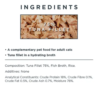 Zutaten: 75% Thunfischfilet, Fischbrühe, Reis. Ergänzungsfutter für erwachsene Katzen. Keine Zusatzstoffe. Analyse: Protein 18%, Fett 0,5%, Rohasche 0,7%, Feuchtigkeit 78%.