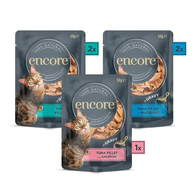 Encore kattenvoer in saus, 50g zakje: 2x tonijnfilet met makreel, 2x tonijnfilet en 1x tonijnfilet met zalm. 100% natuurlijke ingrediënten.