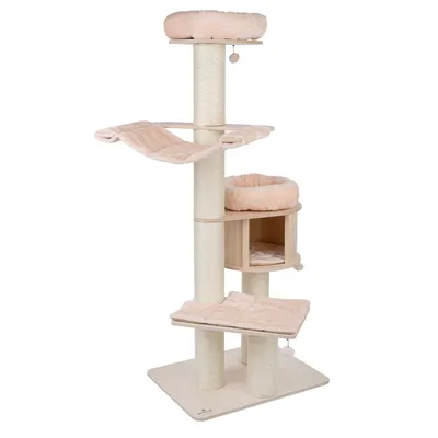 Cat tree with multiple levels, sisal posts, padded resting areas and wooden cave. Beige plush covers for comfort.