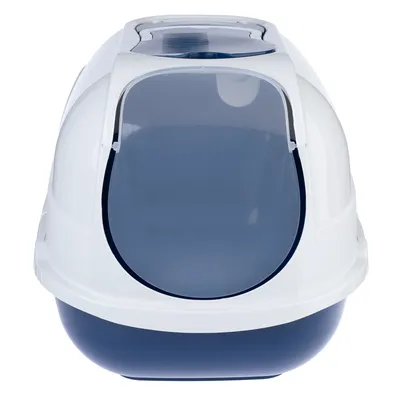 Geschlossene Katzentoilette mit weissem Gehäuse und dunkelblauer Schale, transparente Klapptür vorne und Lüftungsschlitze oben.