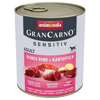 Animonda GranCarno Sensitiv Adult, чисто говеждо + картофи, 100% пресни съставки, без зърнени храни и глутен, произведено в Германия.