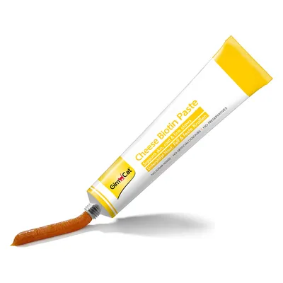 GimCat Cheese Biotin Paste. Unterstützt Haut, Fell und feste Krallen. Ohne Zuckerzusatz, künstliche Farbstoffe oder Konservierungsstoffe.