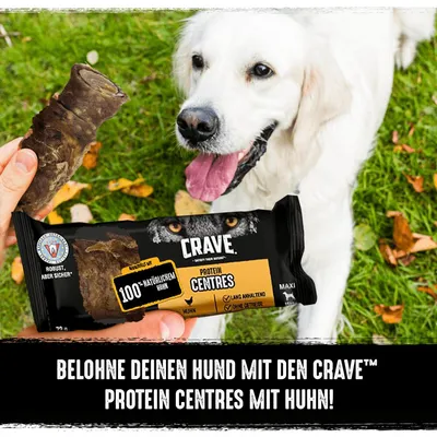 Chien blanc à l’extérieur, friandise Crave Protein Centres au poulet tenue en main, emballage avec texte allemand : 100 % natürlichem Huhn, sans céréales, longue durée. Marque Crave visible.