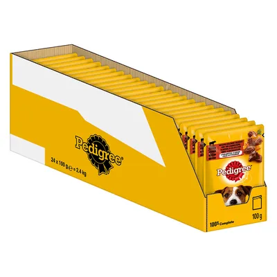 Pedigree mokra hrana za pse, pakiranje od 24 vrećice po 100 g, ukupna težina 2,4 kg, 100% Complete. Vidljivo žuto pakiranje sa slikom psa i opisom proizvoda.