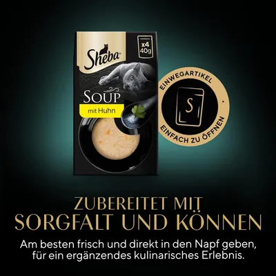Sheba Soup mit Huhn, x4 40g. Einwegartikel, einfach zu öffnen. Zubereitet mit Sorgfalt und Können, frisch in den Napf geben für ein ergänzendes kulinarisches Erlebnis.