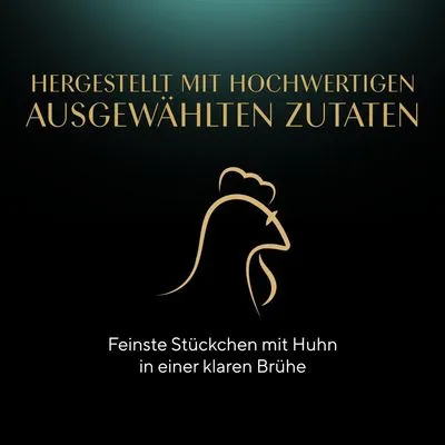 Hergestellt mit hochwertigen ausgewählten Zutaten. Feinste Stückchen mit Huhn in einer klaren Brühe.