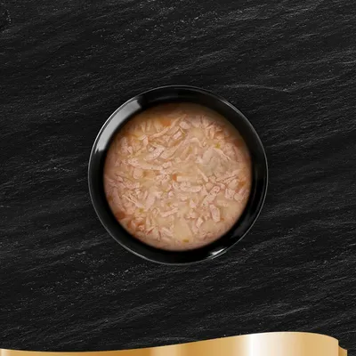 Primer plano de un cuenco con comida húmeda triturada en salsa clara, presentado sobre fondo negro con adorno dorado.