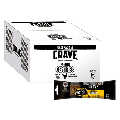 Boîte et sachet Crave Protein Centres Maxi Pack x8, poulet, pour chien de plus de 15 kg. Texte visible : 100 % ingrédients d’origine animale, 72 g.