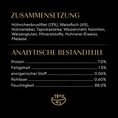 Zusammensetzung: Hähnchenbrustfilet (13%), Weissfisch (6%), Hühnerleber, Tapiokastärke, Weizenmehl, Karotten. Analytische Bestandteile: Protein 7%, Fettgehalt 1.5%, Feuchtigkeit 88%.