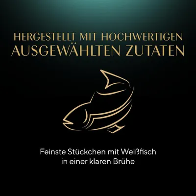 Hergestellt mit hochwertigen ausgewählten Zutaten. Feinste Stückchen mit Weißfisch in einer klaren Brühe.