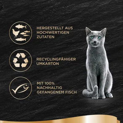 Hergestellt aus hochwertigen Zutaten, recyclingfähiger Umkarton, mit 100% nachhaltig gefangenem Fisch.