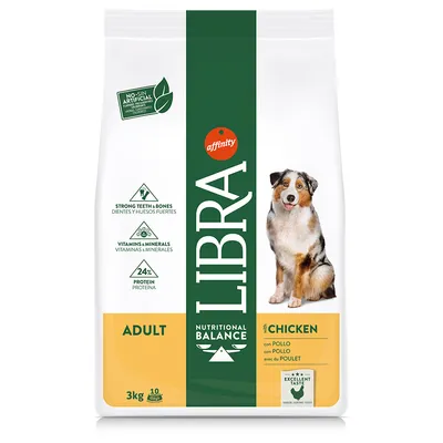 Sac de croquettes pour chien adulte Libra Nutritional Balance, 3 kg, goût poulet, 24 % protéines, vitamines et minéraux, sans arômes artificiels, marque affinity, excellent taste.