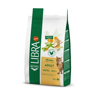 Libra Mediterranean Balance Adult cat food with chicken, 15kg bag. Visible text: Digestive Wellbeing, 32% protein, Mediterranean Recipe, Excellent Taste, affinity brand.