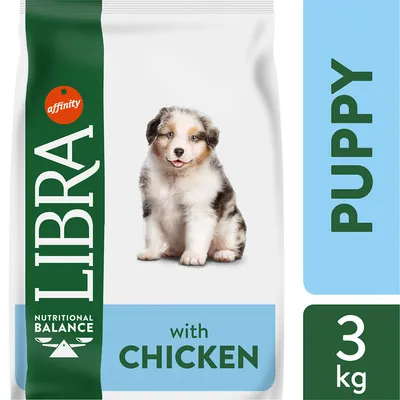 LIBRA Nutritional Balance with Chicken, PUPPY, 3 kg – embalaža hrane za pse z vidnim napisom affinity in sliko mladiča.