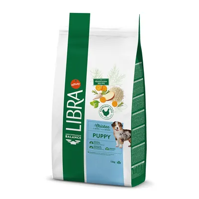 Sac de croquettes LIBRA Puppy au poulet, 12 kg, avec image d’un chiot et mentions visibles : Mediterranean Balance, Recette Méditerranéenne, Excellent Taste, protéines 28 %.