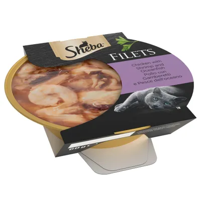 Sheba Filets, chicken with shrimp and oceanfish. Text also in Italian: Pollo con Gamberetti e Pesce dell oceano.