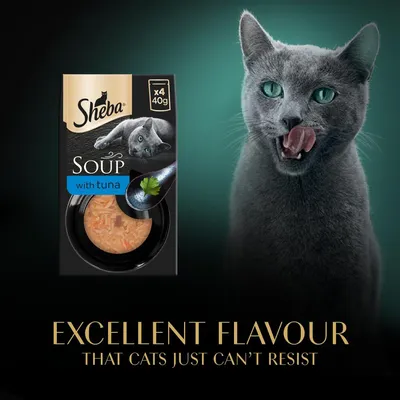 Sheba Soup with tuna, pack of 4 x 40g. Text: Excellent flavour that cats just can't resist.