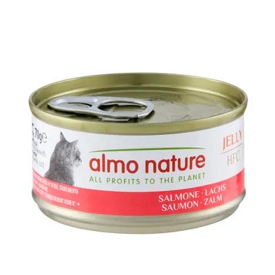 Almo Nature Jelly HFC, Nassfutter für Katzen, Sorte Lachs, 70g Dose. Text: 'All profits to the planet'.