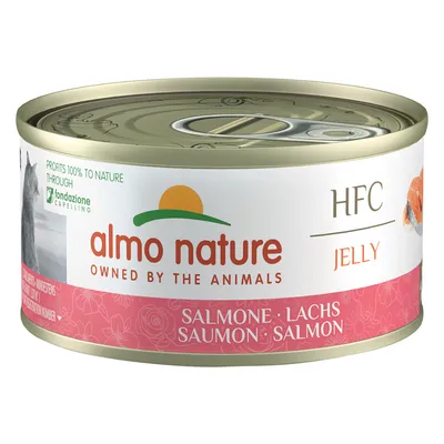 Boîte Almo Nature HFC Jelly, saumon. Texte visible : 'OWNED BY THE ANIMALS', 'PROFITS 100% TO NATURE THROUGH fondazione CAPELLINO', 'SALMONE LACHS SAUMON SALMON'.