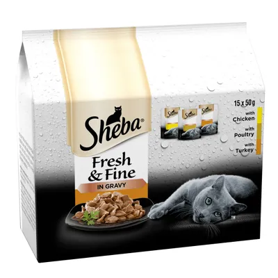 Sheba Fresh & Fine in Gravy, 15 x 50g pouches with chicken, poultry and turkey varieties shown on packaging.