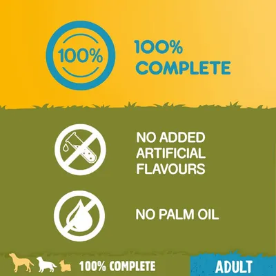 100% COMPLETE. NO ADDED ARTIFICIAL FLAVOURS. NO PALM OIL. 100% COMPLETE. ADULT. Text på engelska.
