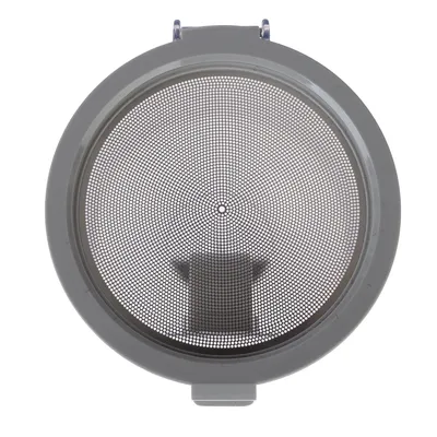 Round grey sieve with fine mesh and central opening, suitable for separating materials or liquids.