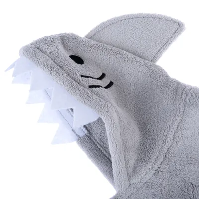 Grey shark costume made of soft fabric with fin, teeth and embroidered eyes. Suitable for pets.