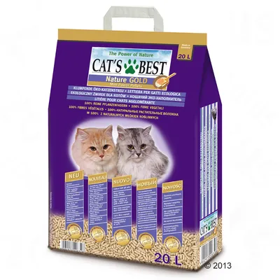 Cat's Best Nature Gold kissanhiekka, 20 L. Pakkauksessa näkyy tuotteen nimi, kuva kissasta ja teksti: 100 % kasvikuituja, mini power pellets. Useita kieliä pakkauksen etuosassa.